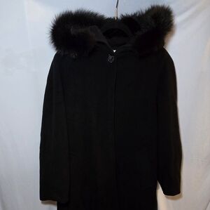 Vintage Kristen Blake Black Virgin Wool Mohair Blend Long Coat Fox Fur Line Hood